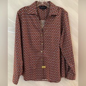 Jones New York 0X (14W) Black, Tan, Red, White Button Up Long Sleeve Blouse